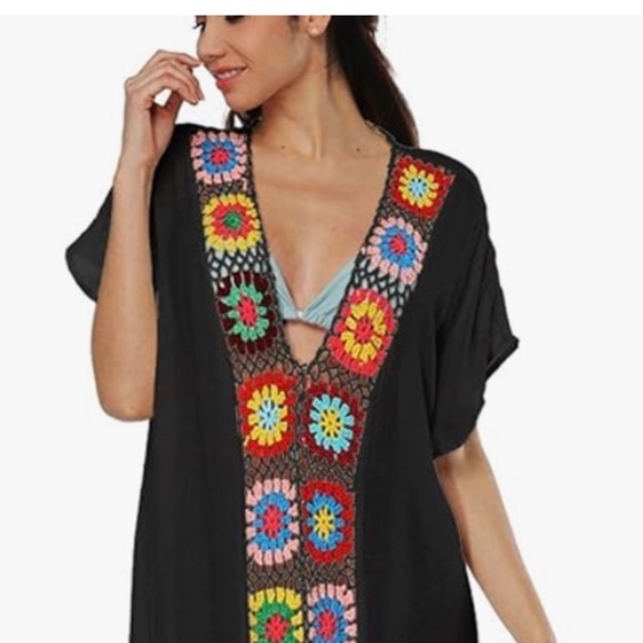 Bsubseach Floral Patchwork Deep V Neck Crochet Cover Up Short Sleeve Dress - Picture 2 of 16